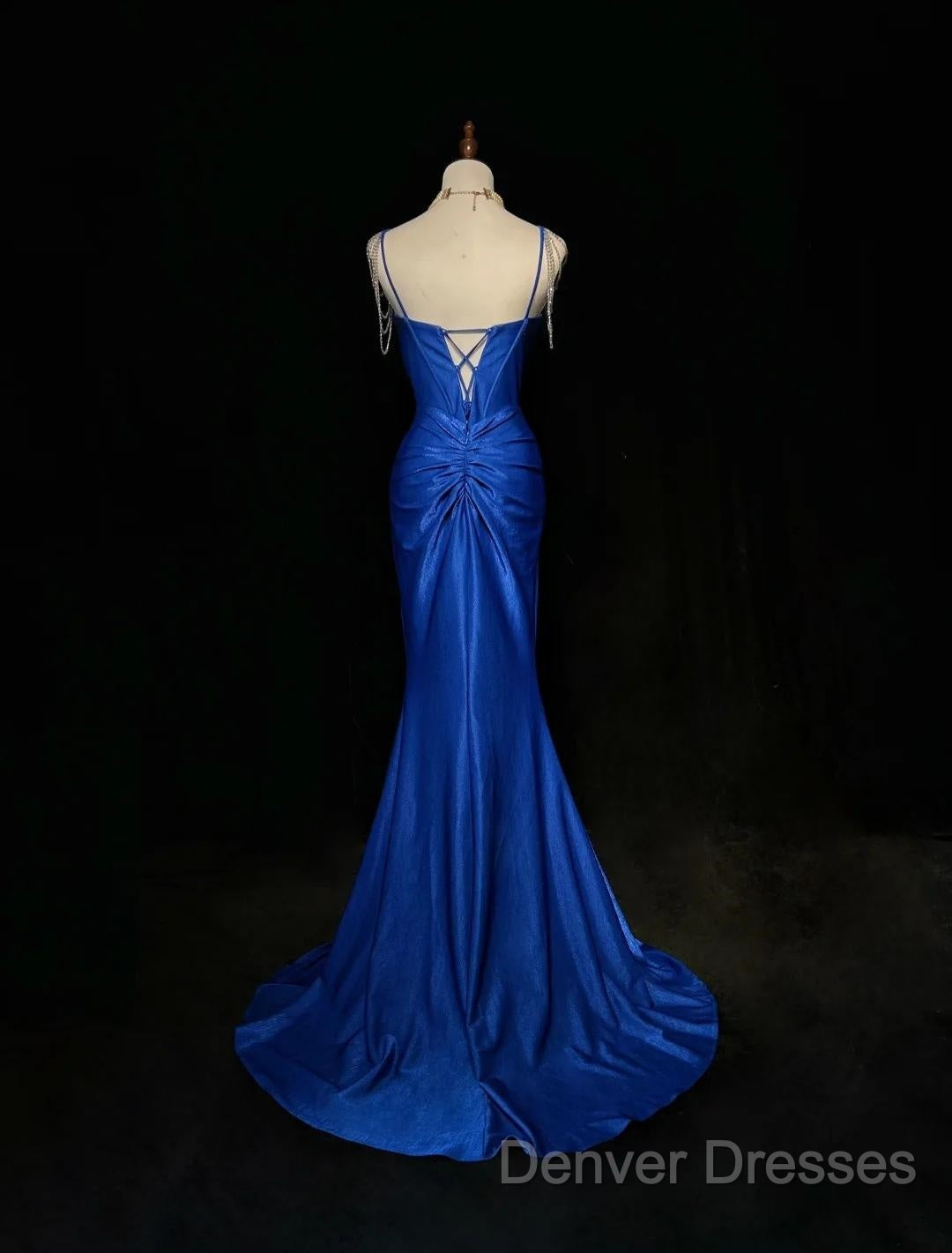 Royal Blue Elegant Mermaid Satin Spaghetti Strap Long Prom Dress Beaded Formal Evening Gown