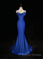 Royal Blue Elegant Mermaid Satin Spaghetti Strap Long Prom Dress Beaded Formal Evening Gown
