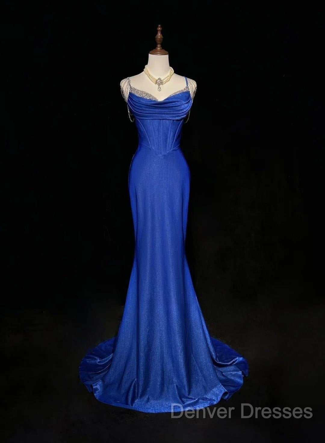 Royal Blue Elegant Mermaid Satin Spaghetti Strap Long Prom Dress Beaded Formal Evening Gown