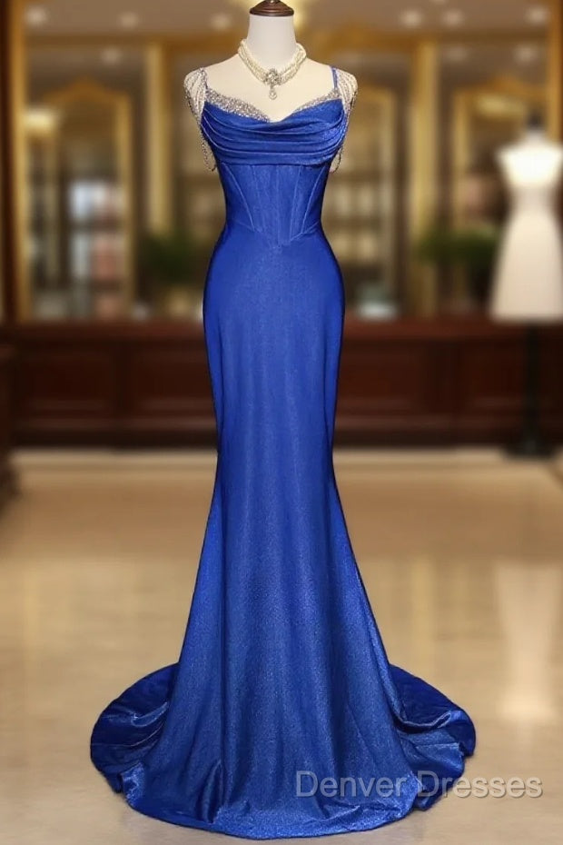 Royal Blue Elegant Mermaid Satin Spaghetti Strap Long Prom Dress Beaded Formal Evening Gown