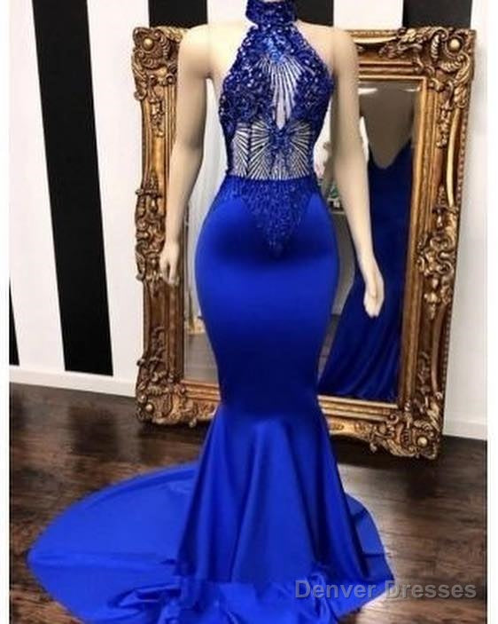 Royal Blue Halter Sleeveless Lace Beading Mermaid Long Prom Dresses Secondary image