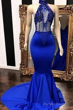 Royal Blue Halter Sleeveless Lace Beading Mermaid Long Prom Dresses