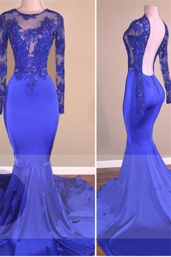 Royal-Blue Long-Sleeves Open-Back Mermaid Charming Sheer Prom Dresses