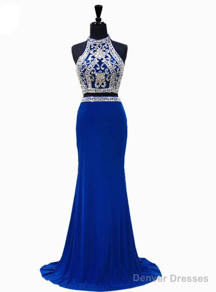 Royal Blue Mermaid High Neck Beaded Crystals Floor Length Prom Dress