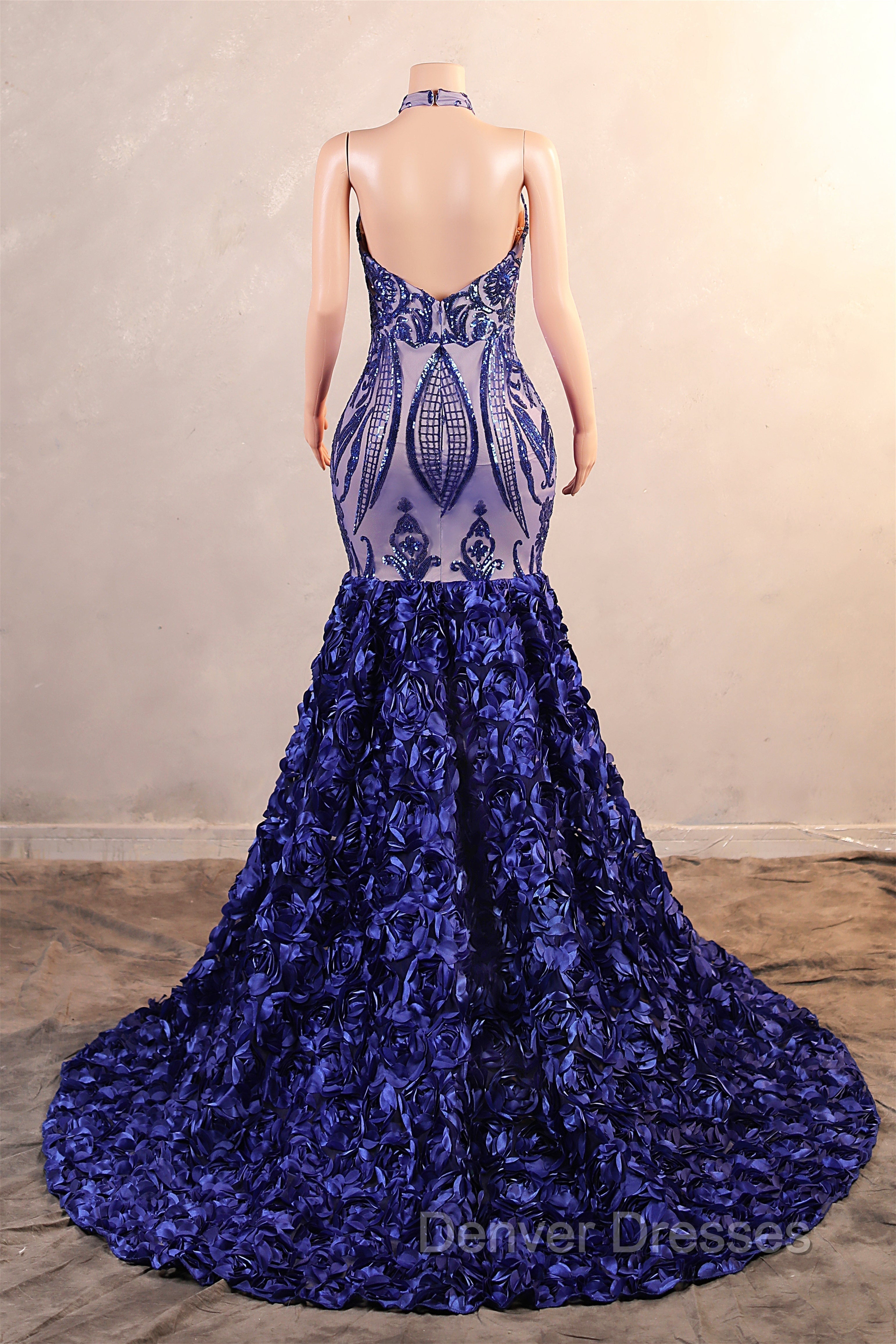 Royal Blue Mermaid Prom Dress Sequined Lace Flowers Halter Neck Backless Long Gowns