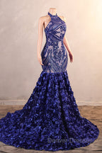 Royal Blue Mermaid Prom Dress Sequined Lace Flowers Halter Neck Backless Long Gowns