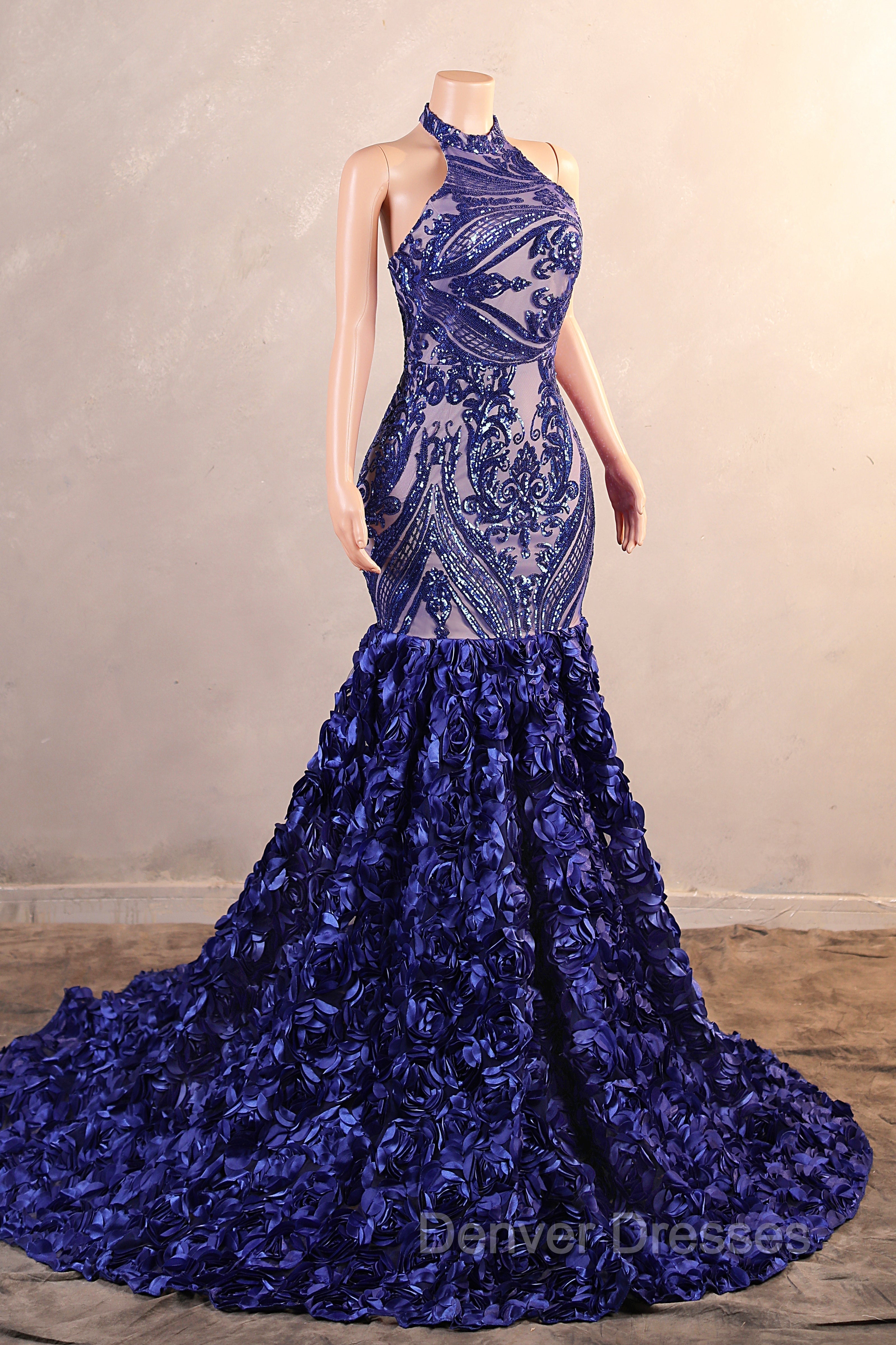 Royal Blue Mermaid Prom Dress Sequined Lace Flowers Halter Neck Backless Long Gowns