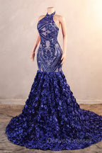 Royal Blue Mermaid Prom Dress Sequined Lace Flowers Halter Neck Backless Long Gowns