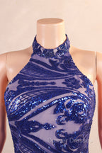 Royal Blue Mermaid Prom Dress Sequined Lace Flowers Halter Neck Backless Long Gowns