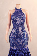Royal Blue Mermaid Prom Dress Sequined Lace Flowers Halter Neck Backless Long Gowns