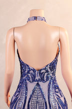 Royal Blue Mermaid Prom Dress Sequined Lace Flowers Halter Neck Backless Long Gowns