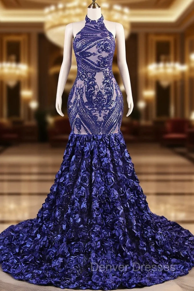 Royal Blue Mermaid Prom Dress Sequined Lace Flowers Halter Neck Backless Long Gowns Main image