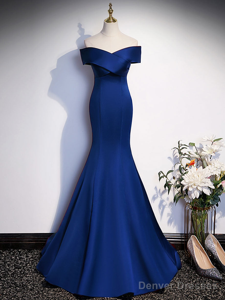 Royal Blue Mermaid Satin Long Prom Dress, Off Shoulder Blue Evening Dress Secondary image