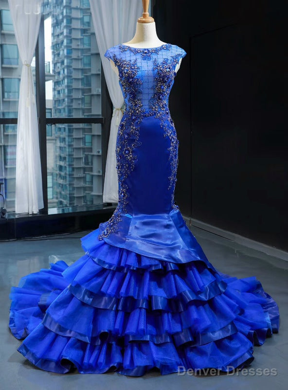 Royal Blue Mermaid Satin Tulle Backless Beading Prom Dress Main image