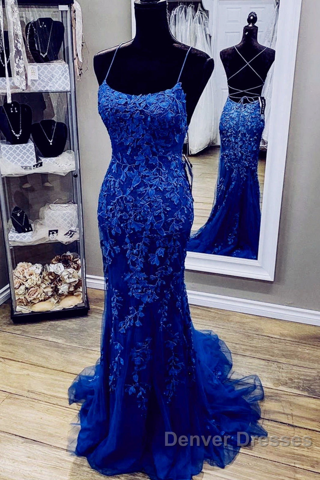 Royal Blue Mermaid Straps Tulle And Lace Party Dress, Royal Blue Prom Dress Secondary image