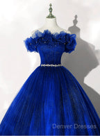 Royal Blue Off Shoulder Beaded Ball Gown Dress, Royal Blue Sweet 16 Dress
