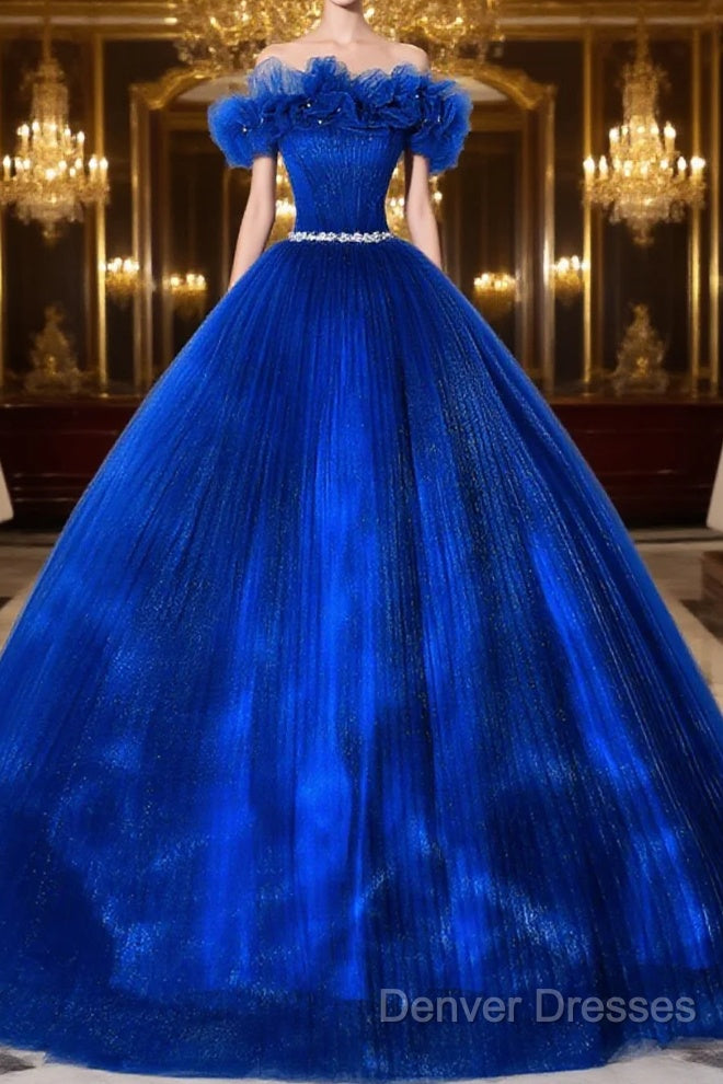 Royal Blue Off Shoulder Beaded Ball Gown Dress, Royal Blue Sweet 16 Dress Main image