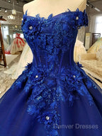 Royal Blue Off-The-Shoulder Evening Dress, Appliques Formal Prom Dress