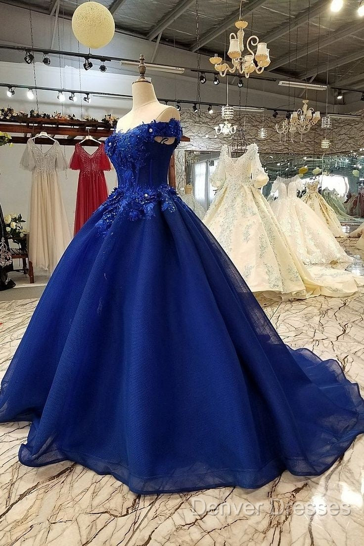 Royal Blue Off-The-Shoulder Evening Dress, Appliques Formal Prom Dress