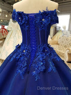 Royal Blue Off-The-Shoulder Evening Dress, Appliques Formal Prom Dress