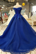 Royal Blue Off-The-Shoulder Evening Dress, Appliques Formal Prom Dress