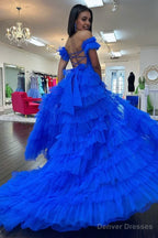 Royal Blue Off the Shoulder Ruffle Tiered Tulle Long Prom Dresses with Slit