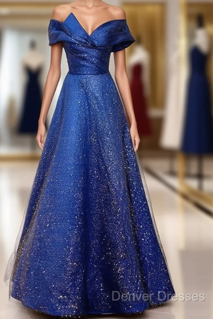 Royal Blue Off The Shoulder V-Neck Long Prom Dress Evening Dress, Main image