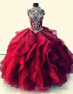 Royal Blue Organza High Neck Quinceanera Dress Burgundy Prom Dress