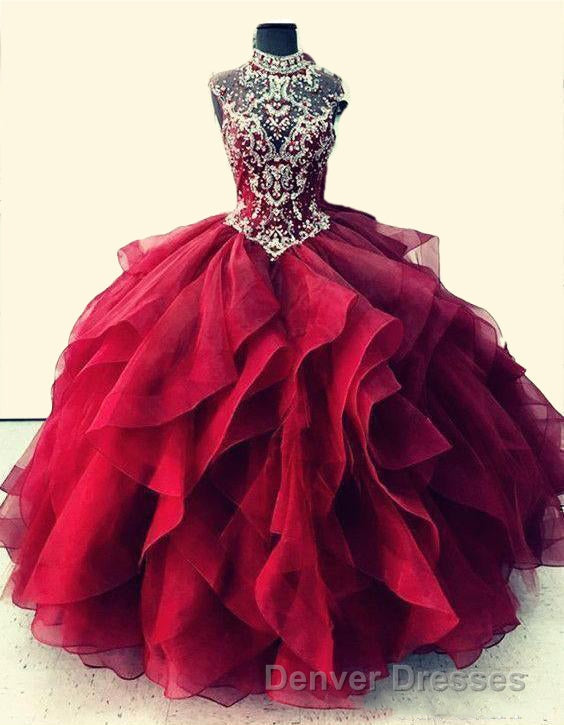 Royal Blue Organza High Neck Quinceanera Dress Burgundy Prom Dress