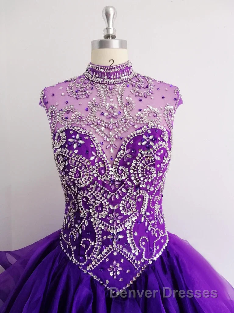 Royal Blue Organza High Neck Quinceanera Dress Burgundy Prom Dress