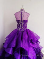 Royal Blue Organza High Neck Quinceanera Dress Burgundy Prom Dress