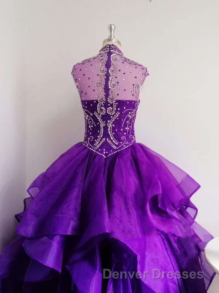 Royal Blue Organza High Neck Quinceanera Dress Burgundy Prom Dress