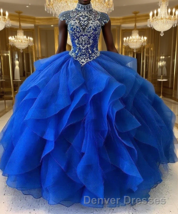 Royal Blue Organza High Neck Quinceanera Dress Burgundy Prom Dress