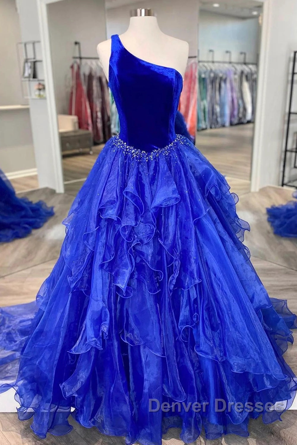 Royal Blue Prom Dress A Line One Shoulder Long Party Evening Dress with Beading Secondary image