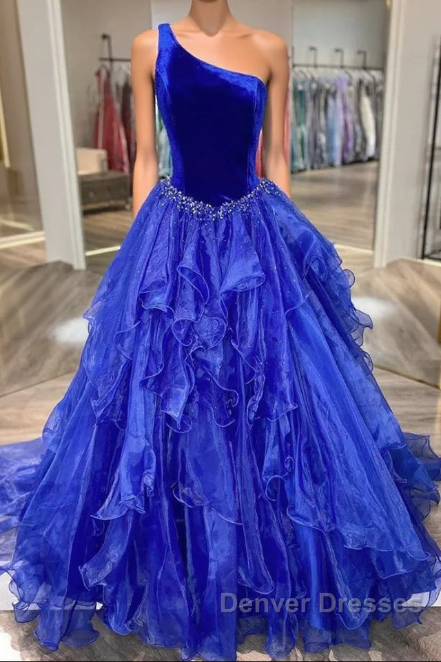 Royal Blue Prom Dress A Line One Shoulder Long Party Evening Dress with Beading Main image