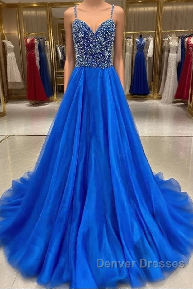 Royal Blue Prom Dress A Line Spaghetti Straps Long Party Evening Dress with Beading Main image