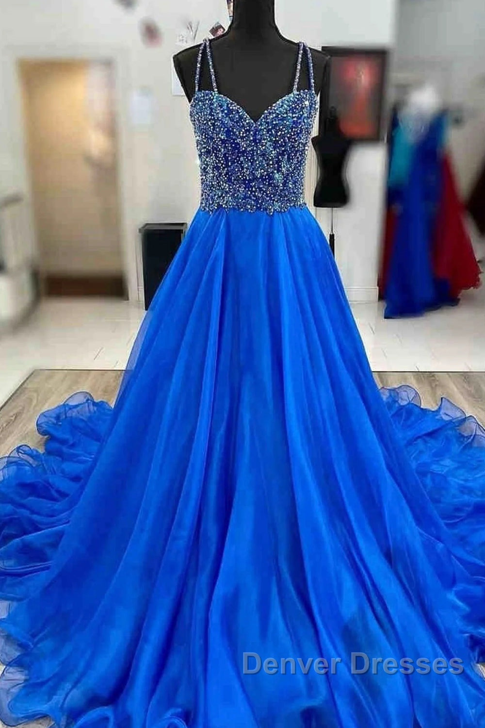 Royal Blue Prom Dress A Line Spaghetti Straps Long Party Evening Dress with Beading Secondary image