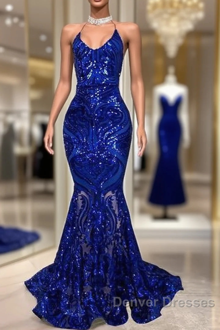 Royal Blue Prom Dress, Spaghetti Prom Dress, Lace Prom Dress, Sparky Prom Dress