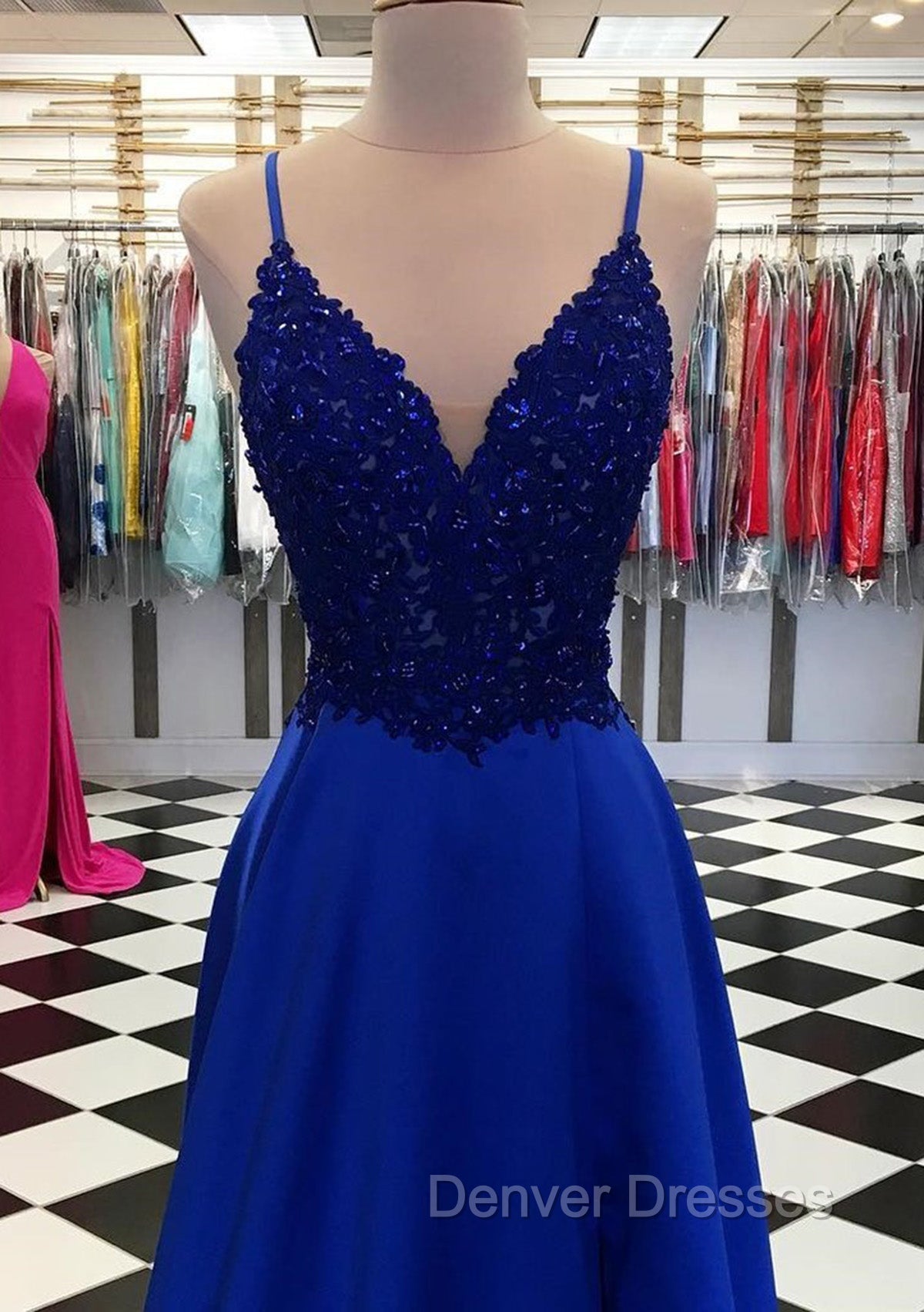Royal Blue Prom Dress, A-line V Neck Regular Straps Long/Floor-Length Satin Prom Dress With Appliqued Beading