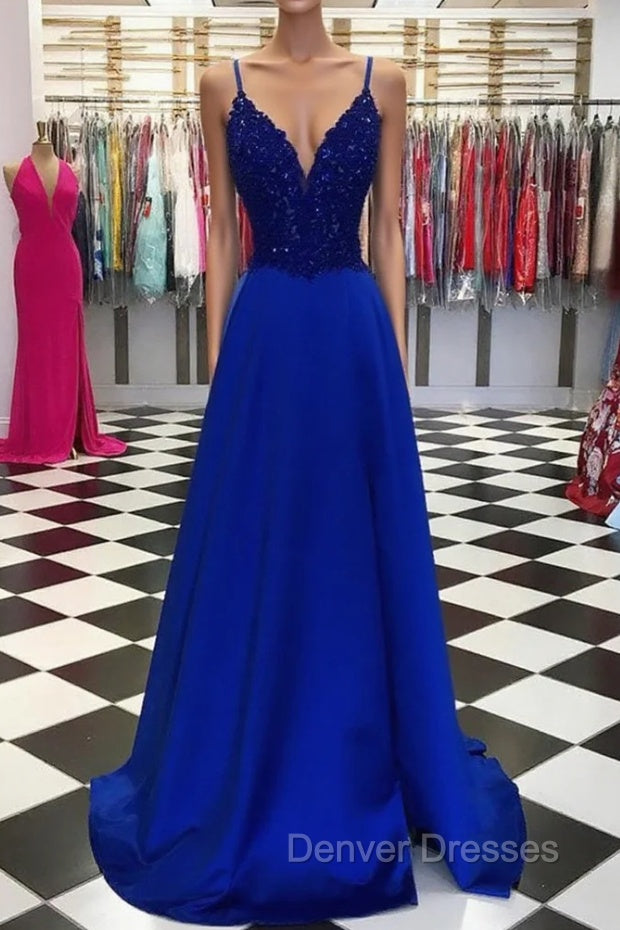 Royal Blue Prom Dress, A-line V Neck Regular Straps Long/Floor-Length Satin Prom Dress With Appliqued Beading