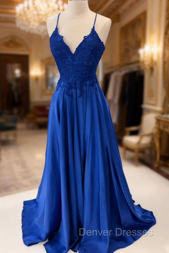 Royal Blue Prom Dress, A-line V Neck Sleeveless Long/Floor-Length Charmeuse Prom Dress With Appliqued Beading Lace Main image