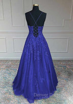 Royal Blue Prom Dress, A-line V Neck Spaghetti Straps Long/Floor-Length Tulle Prom Dress With Appliqued Beading Glitter