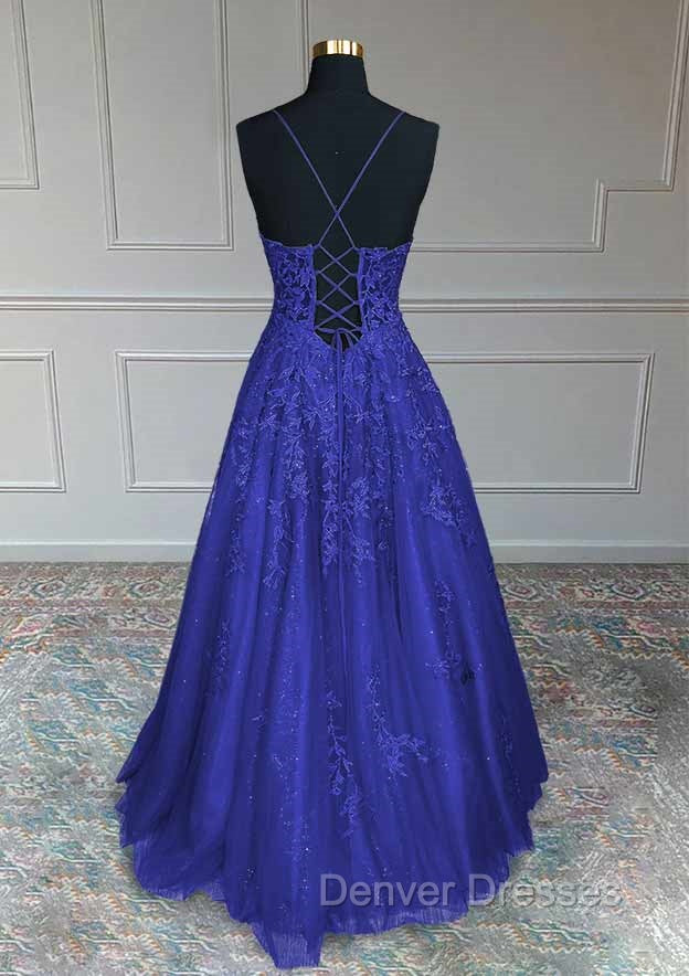 Royal Blue Prom Dress, A-line V Neck Spaghetti Straps Long/Floor-Length Tulle Prom Dress With Appliqued Beading Glitter