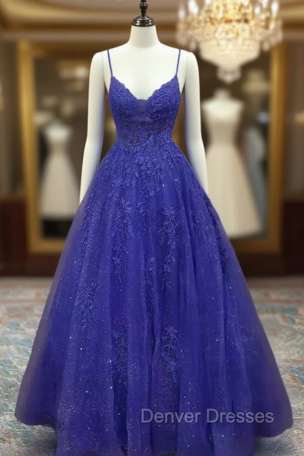 Royal Blue Prom Dress, A-line V Neck Spaghetti Straps Long/Floor-Length Tulle Prom Dress With Appliqued Beading Glitter Main image