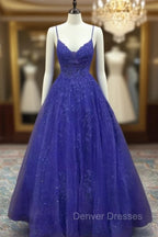 Royal Blue Prom Dress, A-line V Neck Spaghetti Straps Long/Floor-Length Tulle Prom Dress With Appliqued Beading Glitter