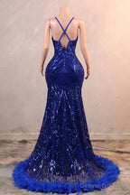 Royal Blue Prom Dresses Sequin Mermaid Long Evening Dresses Floor Length Sleeveless Spaghetti Strap with Feather