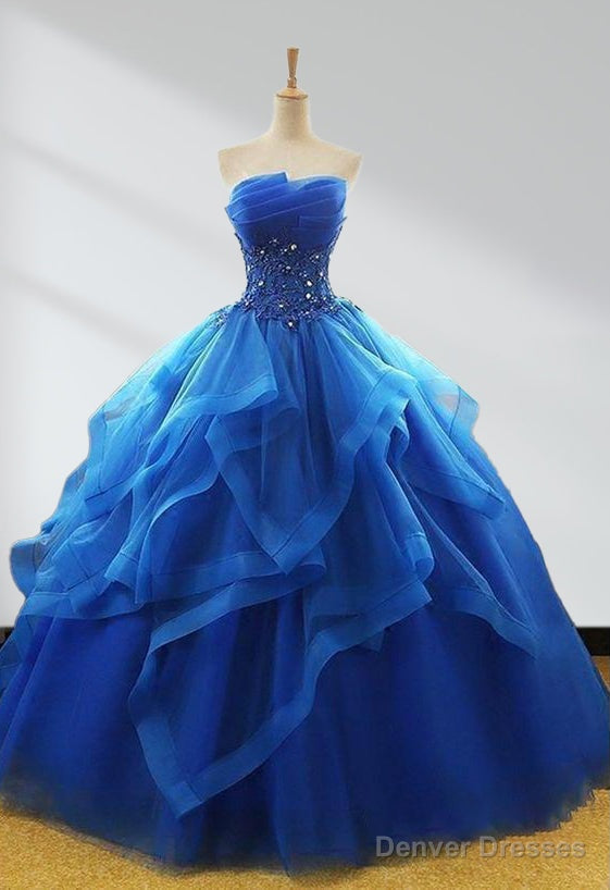 Royal Blue Quinceanera Dresses Organza Lace Applique Prom Dresses Main image