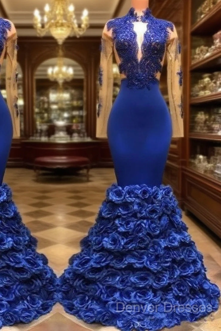 Royal Blue Robe De Soiree Mermaid Long Sleeves Flowers Lace Beaded Sexy Long Party Prom Dress Prom Gown Evening Dress
