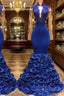 Royal Blue Robe De Soiree Mermaid Long Sleeves Flowers Lace Beaded Sexy Long Party Prom Dress Prom Gown Evening Dress