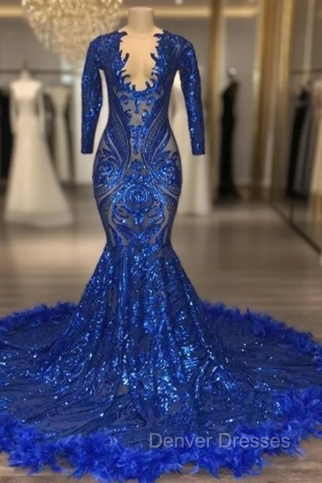 Royal Blue Robe De Soiree Mermaid V-Neck Long Sleeves Appliques Feather Long Prom Dress Prom Gown Evening Dress